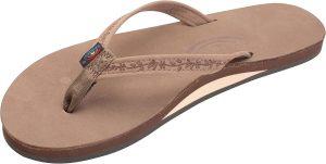 Rainbow Sandals Ladies Las Flores - Single Layer Premier Leather with a Floral 1arrow Strap. Dark Brown. Ladies 5.5-6.5 | Flats
